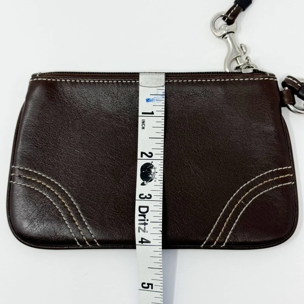 Coach Dark Brown Leather Wristlet Clutch Pouch Purse Zip Top Signature